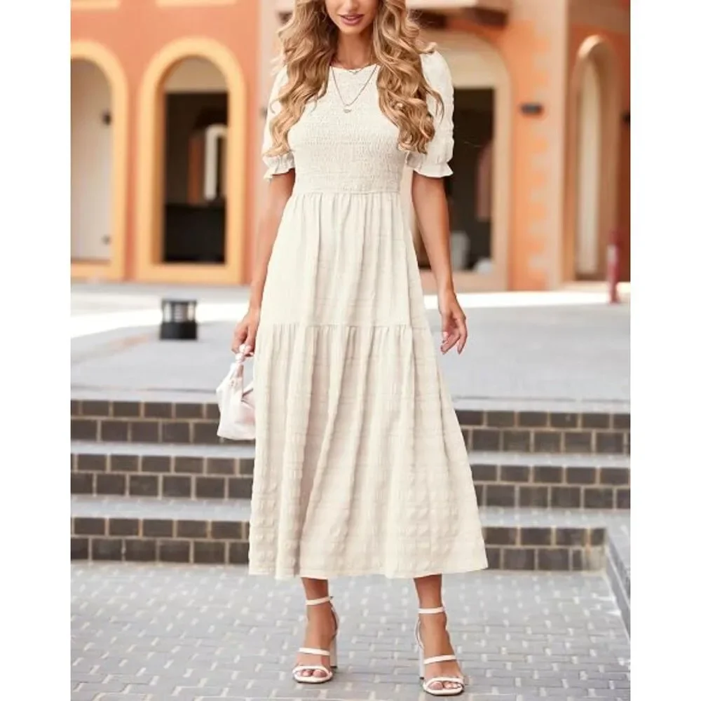 Women's Beige Polyester Crew Neck Short Sleeve A Line Casual Midi Dress